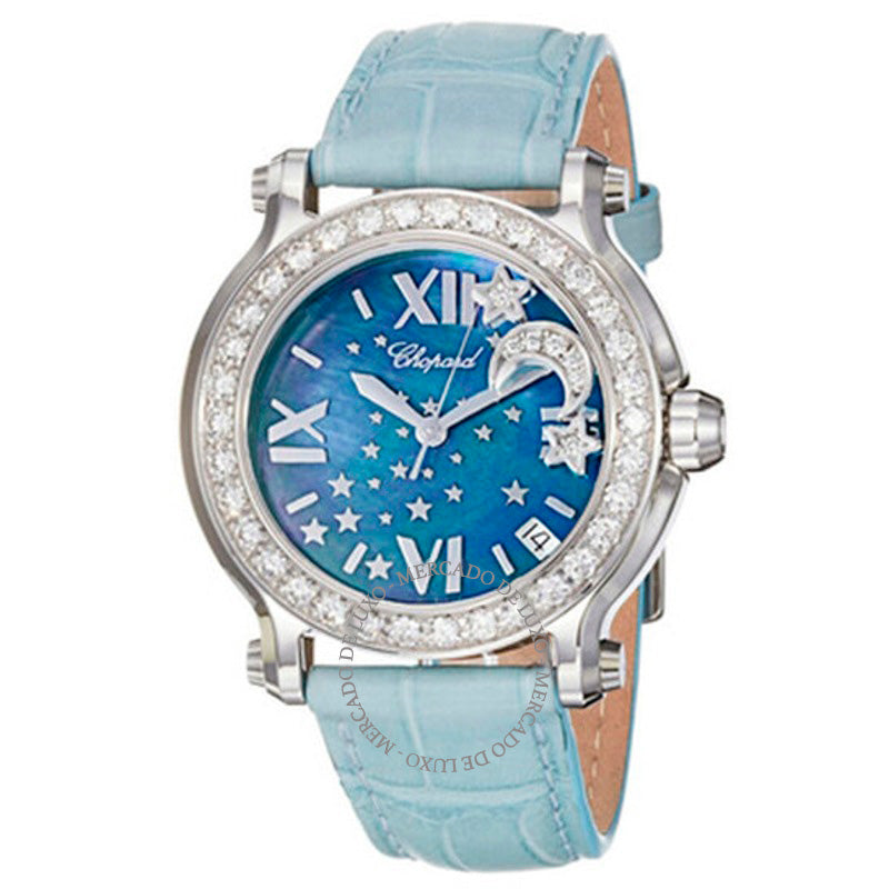 Relógio Happy Sport Blue MOP Dial Couro Azul Diamante Flutuante Lua 36 mm - Mercado de Luxo - O Maior E-Commerce de Bens, Produtos e Serviços de Luxo do Brasil.