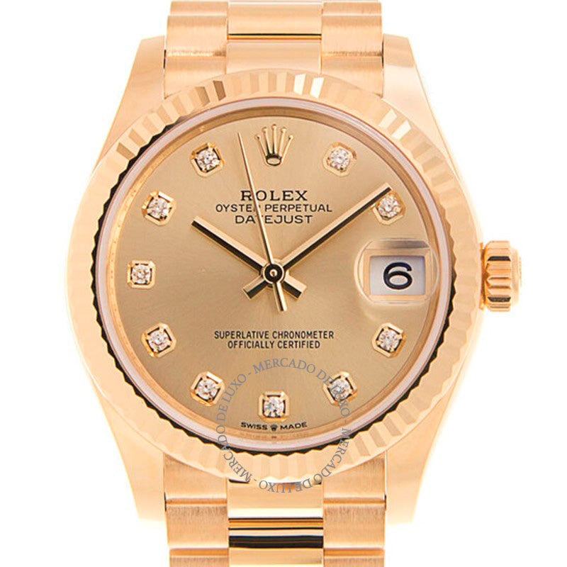 Relógio Datejust 31 Champagne com mostrador de diamantes Ladies em ouro amarelo 18k 31 mm - Mercado de Luxo - O Maior E-Commerce de Bens, Produtos e Serviços de Luxo do Brasil.