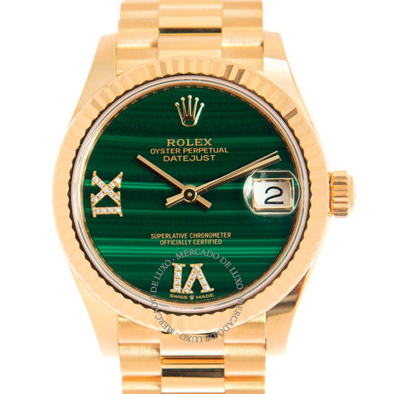 Relógio Datejust 31 com mostrador de diamantes em malaquita Ladies ouro amarelo 18k President 31 mm - Mercado de Luxo - O Maior E-Commerce de Bens, Produtos e Serviços de Luxo do Brasil.