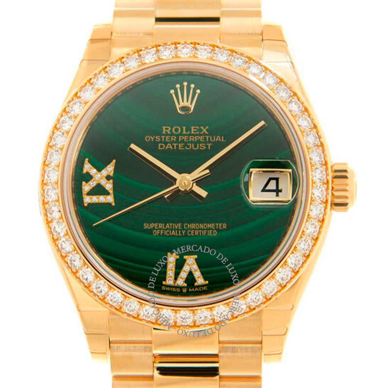 Relógio Datejust 31 com mostrador de diamantes em malaquita Ladies ouro amarelo 18k President 31 mm - Mercado de Luxo - O Maior E-Commerce de Bens, Produtos e Serviços de Luxo do Brasil.