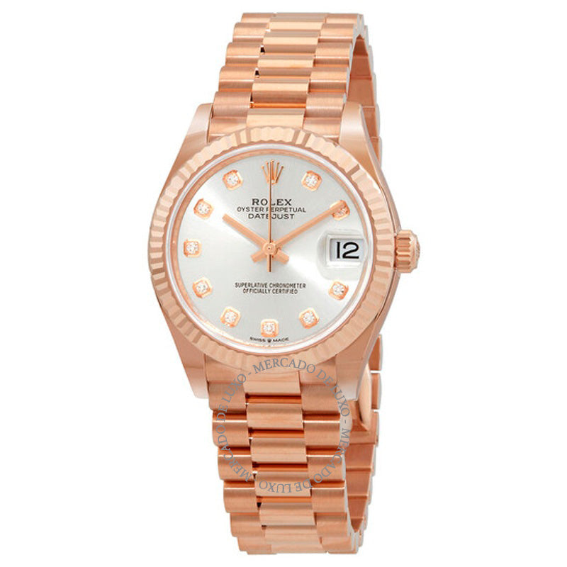 Relógio Datejust 31 Automático Ouro Everose 18k Mostrador Prateado com Diamantes 31 mm - Mercado de Luxo - O Maior E-Commerce de Bens, Produtos e Serviços de Luxo do Brasil.