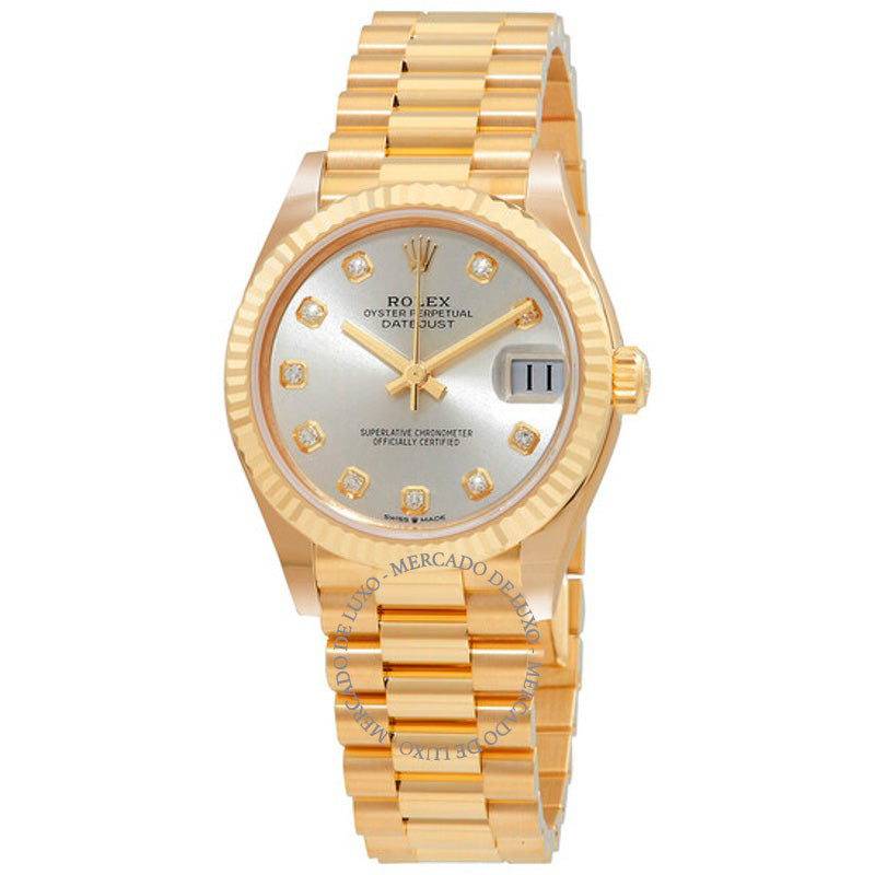 Relógio Datejust 31 Automático Ouro Amarelo 18k Mostrador Prata com Diamantes 31 mm - Mercado de Luxo - O Maior E-Commerce de Bens, Produtos e Serviços de Luxo do Brasil.