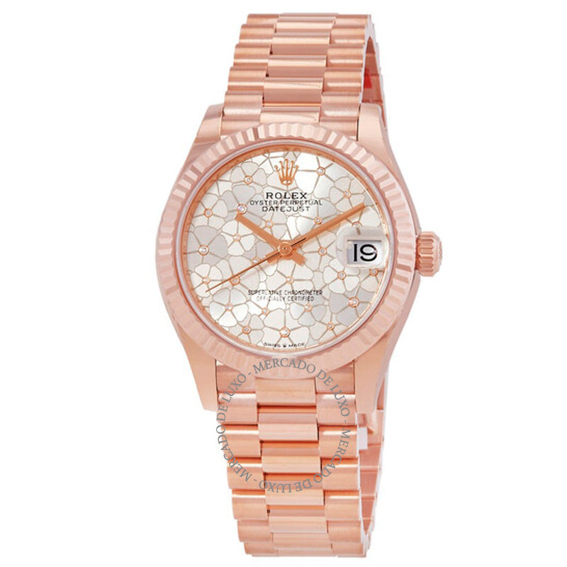 Relógio Datejust 31 Prata com Motivo Floral Mostrador de Diamante Automático Ouro Everose 18k Presidente 31 mm - Mercado de Luxo - O Maior E-Commerce de Bens, Produtos e Serviços de Luxo do Brasil.