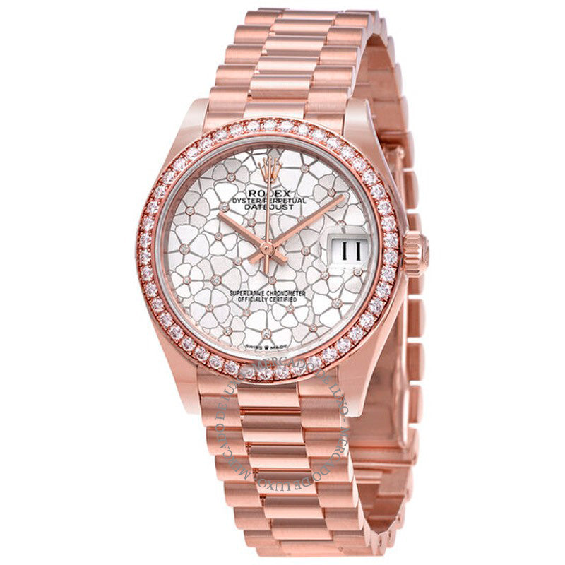 Relógio Datejust 31 em prata com motivo floral e mostrador de diamante ouro Everose 18k President 31 mm - Mercado de Luxo - O Maior E-Commerce de Bens, Produtos e Serviços de Luxo do Brasil.