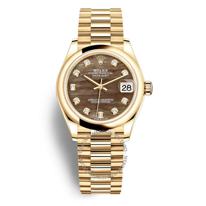 Relógio Datejust 31 em ouro amarelo 18k com diamantes madrepérola negra e presidente  - Mercado de Luxo - O Maior E-Commerce de Bens, Produtos e Serviços de Luxo do Brasil.