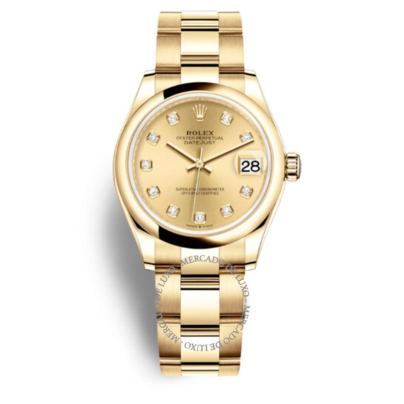 Relógio Oyster Datejust 31 Champagne com mostrador de diamantes automático ouro amarelo 18k 31 mm - Mercado de Luxo - O Maior E-Commerce de Bens, Produtos e Serviços de Luxo do Brasil.