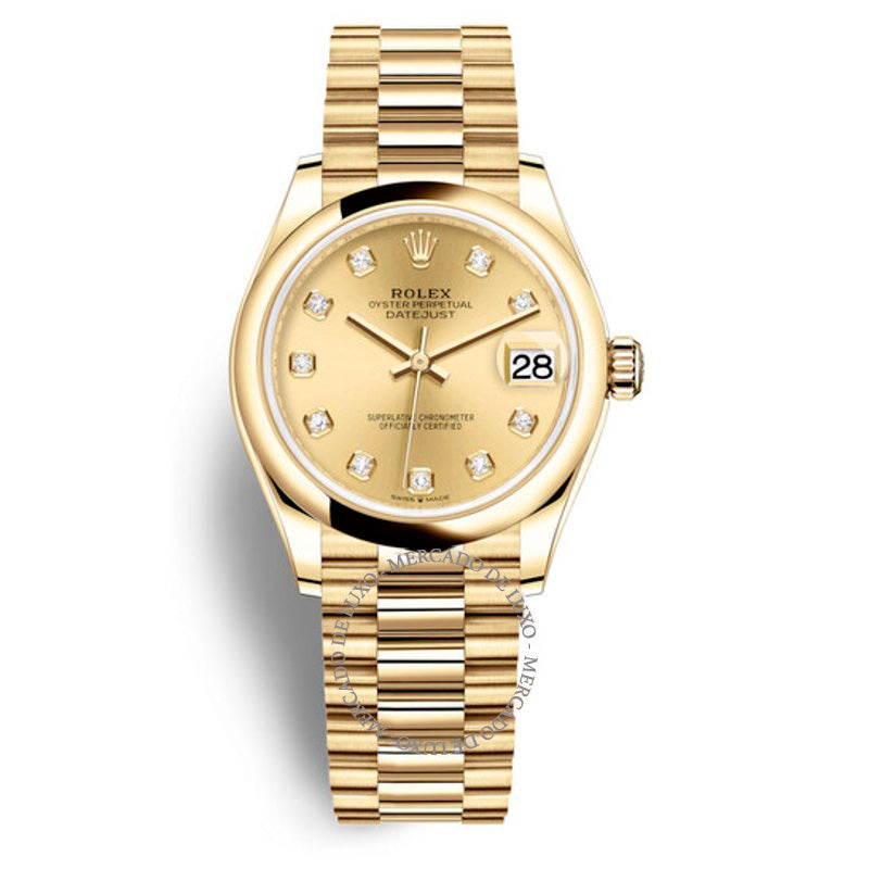 Relógio Rolex President Datejust 31 Champagne com mostrador de diamantes e automático em ouro amarelo 18k 31 mm - Mercado de Luxo - O Maior E-Commerce de Bens, Produtos e Serviços de Luxo do Brasil.