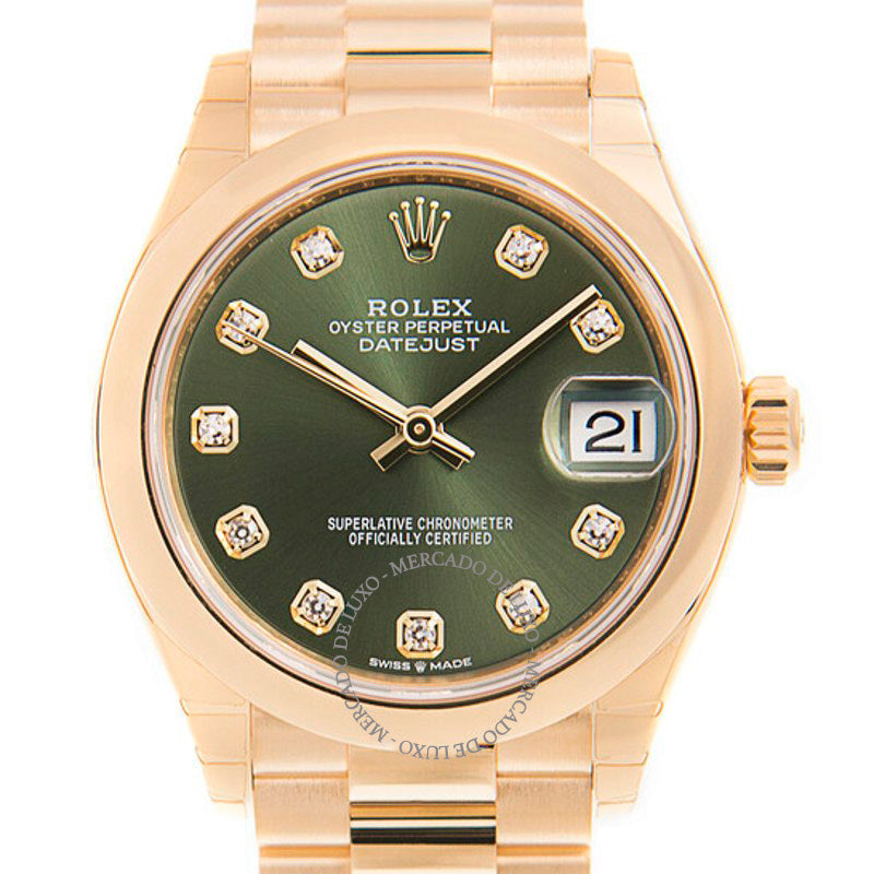 Relógio Datejust 31 automático em ouro amarelo 18k com mostrador de diamante verde oliva e presidente 31 mm - Mercado de Luxo - O Maior E-Commerce de Bens, Produtos e Serviços de Luxo do Brasil.