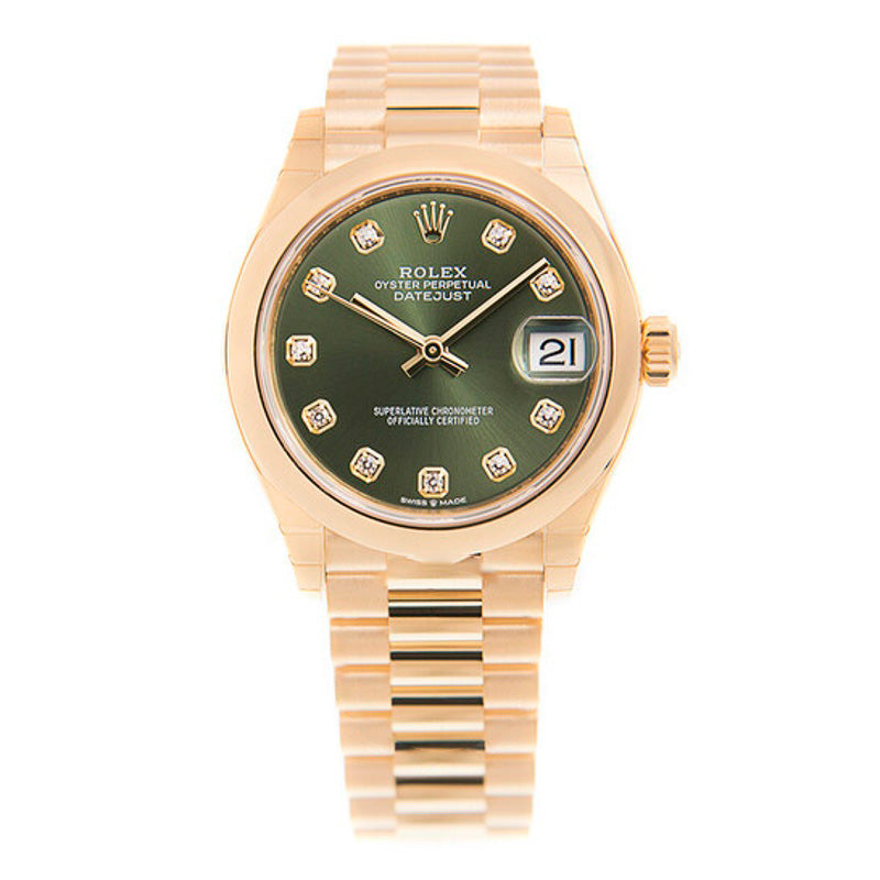 Relógio Datejust 31 automático em ouro amarelo 18k com mostrador de diamante verde oliva e presidente 31 mm - Mercado de Luxo - O Maior E-Commerce de Bens, Produtos e Serviços de Luxo do Brasil.