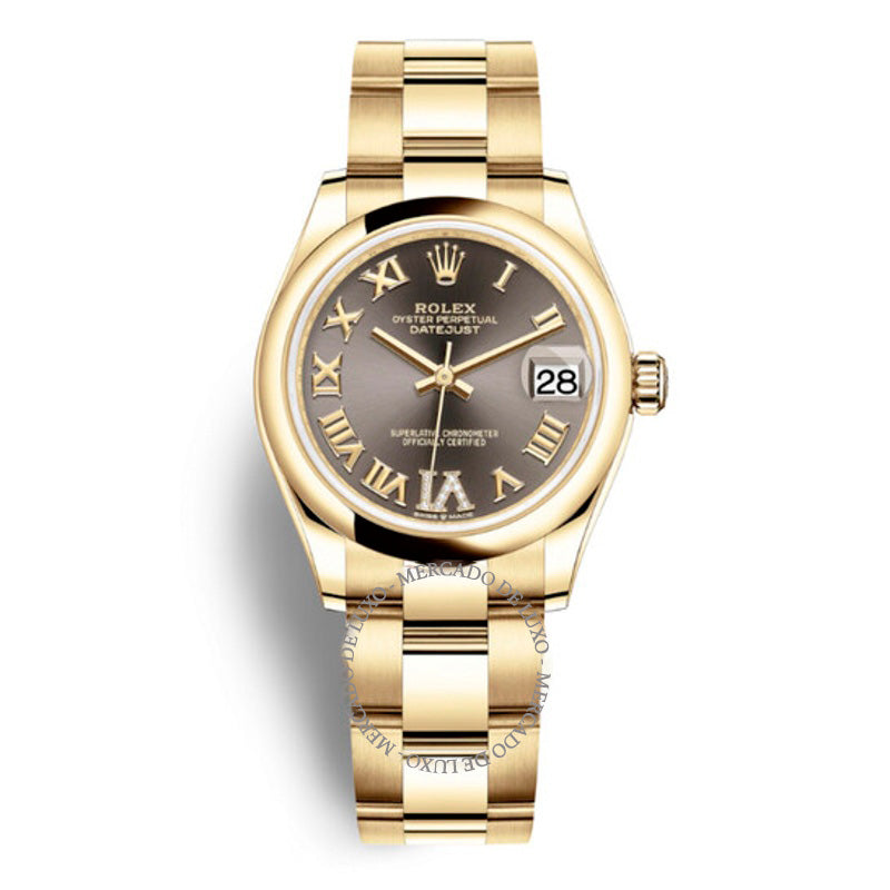 Relógio Oyster Datejust 31 com mostrador de diamante cinza escuro e ouro amarelo 18k 31 mm - Mercado de Luxo - O Maior E-Commerce de Bens, Produtos e Serviços de Luxo do Brasil.