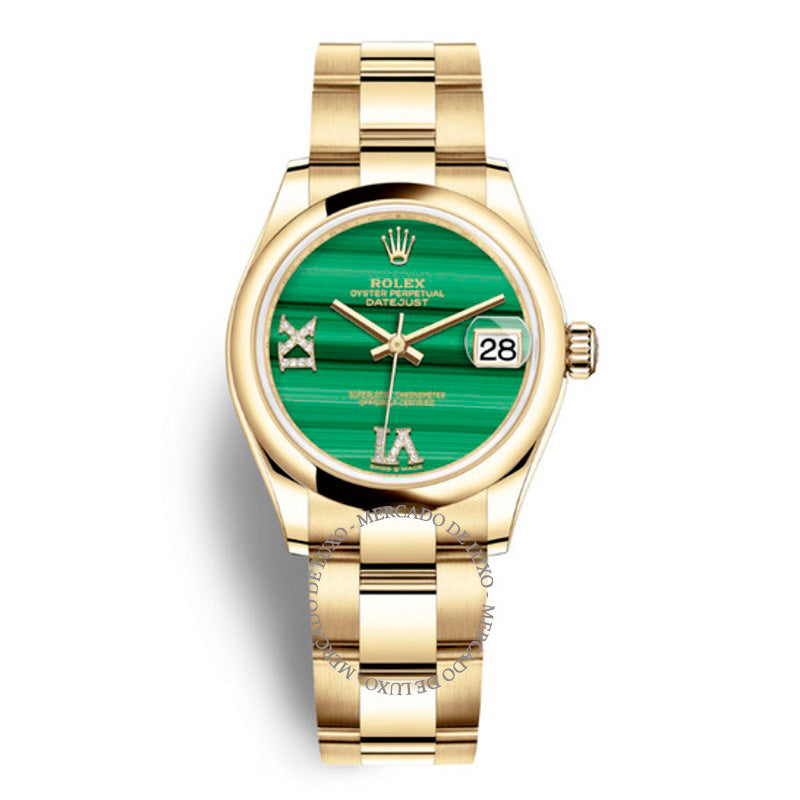 Relógio Oyster Datejust 31 com mostrador de diamantes e malaquita para mulheres ouro amarelo 18k 31 mm - Mercado de Luxo - O Maior E-Commerce de Bens, Produtos e Serviços de Luxo do Brasil.