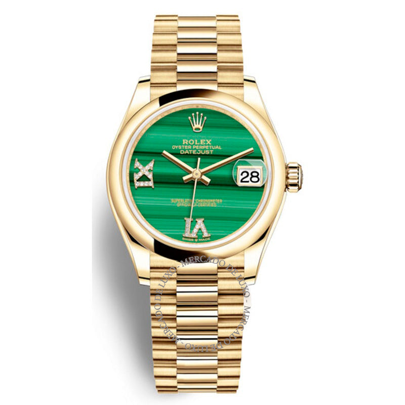 Relógio Rolex President Datejust 31 com mostrador de diamantes em malaquita e automático em ouro amarelo 18k  - Mercado de Luxo - O Maior E-Commerce de Bens, Produtos e Serviços de Luxo do Brasil.