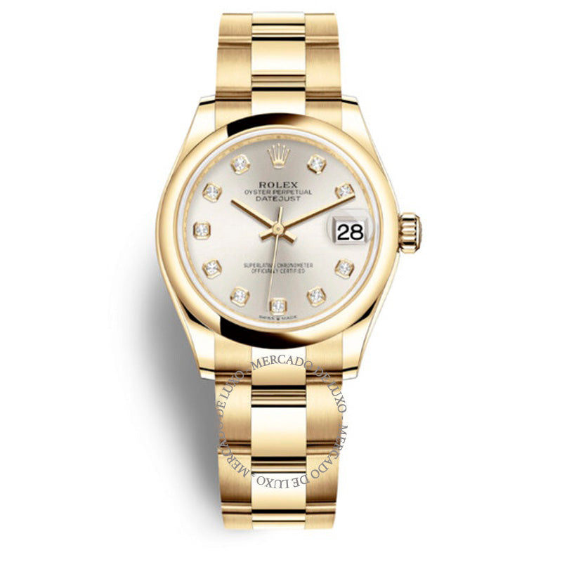 Relógio Oyster Datejust 31 automático em ouro amarelo 18k com mostrador de diamante e prata  - Mercado de Luxo - O Maior E-Commerce de Bens, Produtos e Serviços de Luxo do Brasil.
