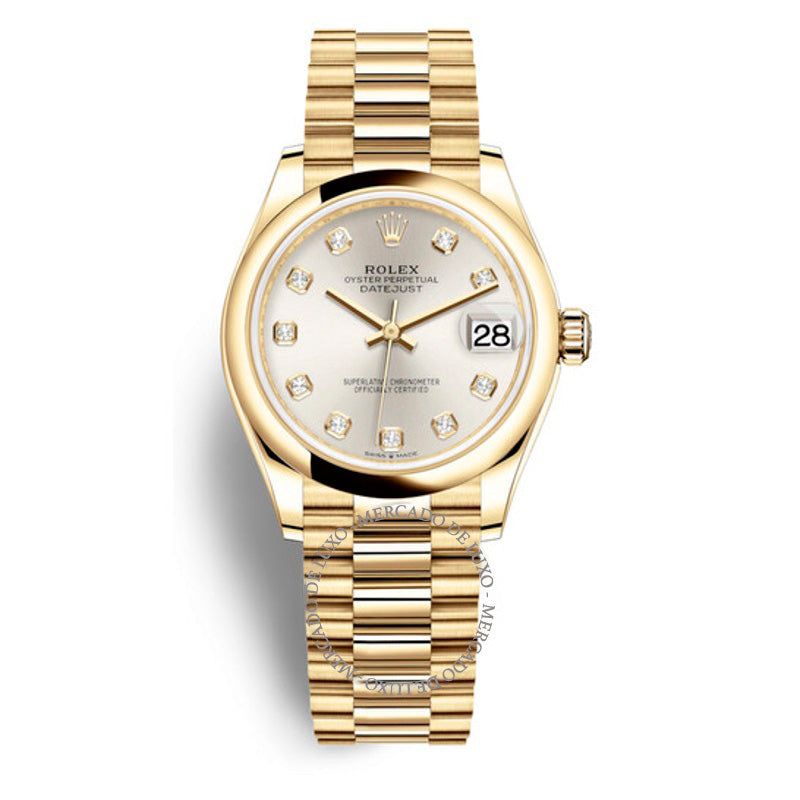 Relógio Oyster Datejust 31 automático em ouro amarelo 18k com mostrador de diamante e prata  - Mercado de Luxo - O Maior E-Commerce de Bens, Produtos e Serviços de Luxo do Brasil.