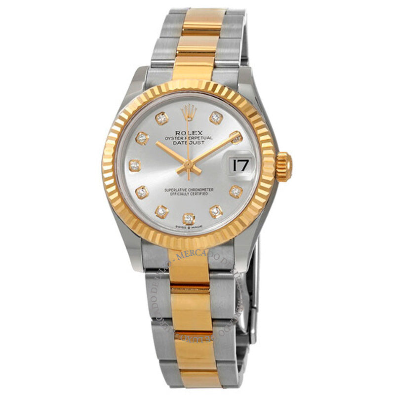 Relógio Oyster Datejust 31 automático em aço e ouro amarelo 18k com mostrador de diamantes e prata 31 mm - Mercado de Luxo - O Maior E-Commerce de Bens, Produtos e Serviços de Luxo do Brasil.