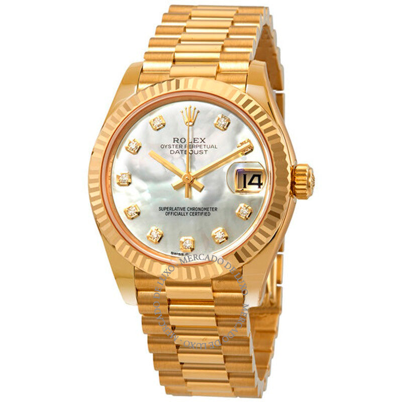Relógio Datejust 31 em ouro amarelo 18k com mostrador de diamante e madrepérola  - Mercado de Luxo - O Maior E-Commerce de Bens, Produtos e Serviços de Luxo do Brasil.