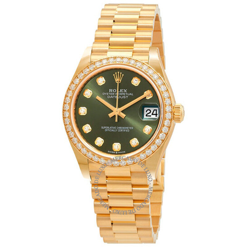 Relógio Datejust 31 mostrador de diamante verde-oliva ouro amarelo 18k President 31 mm - Mercado de Luxo - O Maior E-Commerce de Bens, Produtos e Serviços de Luxo do Brasil.