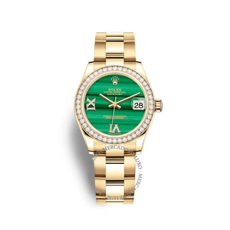 Relógio Oyster Datejust 31 com mostrador de diamantes e malaquita para mulheres ouro amarelo 18k  - Mercado de Luxo - O Maior E-Commerce de Bens, Produtos e Serviços de Luxo do Brasil.