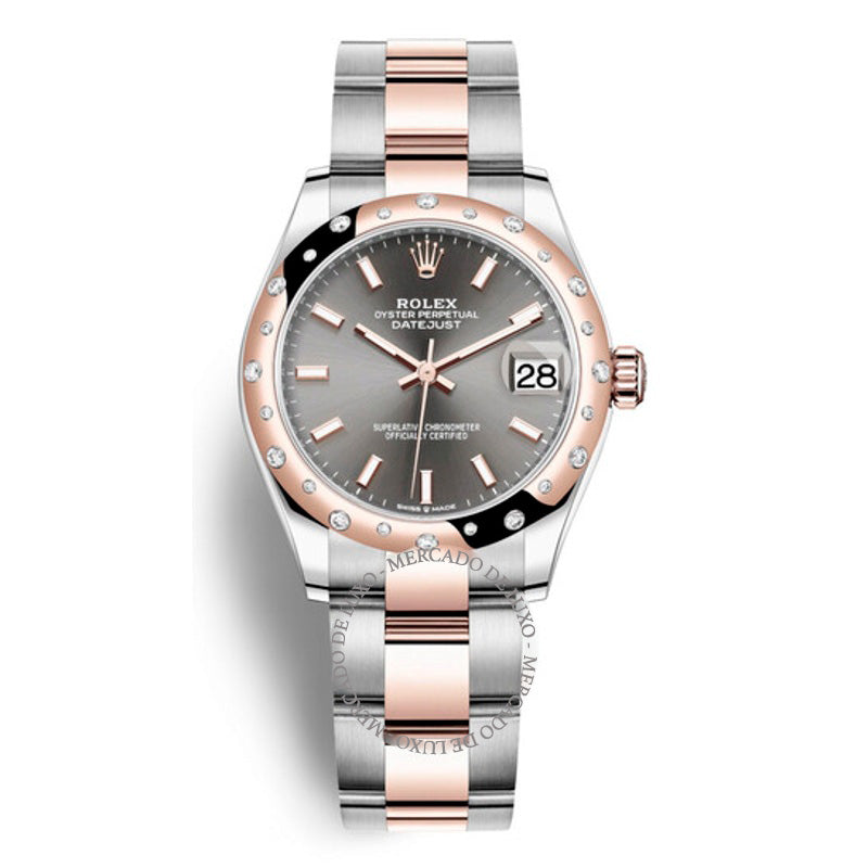 Relógio DateJust 31 com mostrador de ródio escuro automático em aço ouro Everose 18 quilates Oyster  - Mercado de Luxo - O Maior E-Commerce de Bens, Produtos e Serviços de Luxo do Brasil.