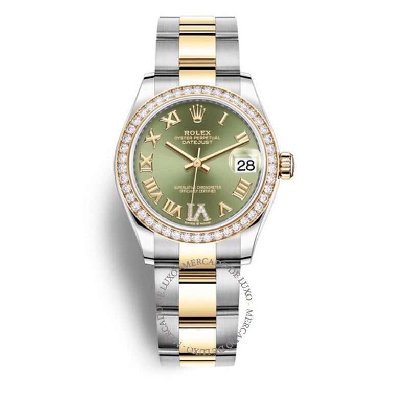Relógio Oyster Datejust 31 com mostrador de diamante verde para mulheres em aço e ouro amarelo 18k 31 mm - Mercado de Luxo - O Maior E-Commerce de Bens, Produtos e Serviços de Luxo do Brasil.