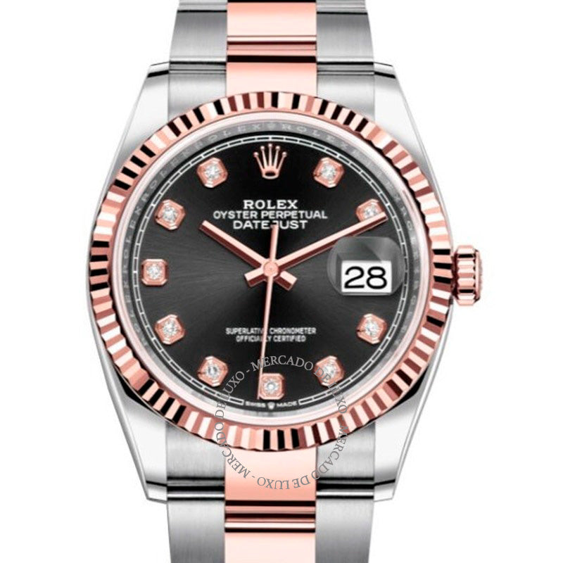 Relógio Oyster Datejust 36 com mostrador de diamante preto para mulheres em aço e ouro Everose 18k 36 mm - Mercado de Luxo - O Maior E-Commerce de Bens, Produtos e Serviços de Luxo do Brasil.