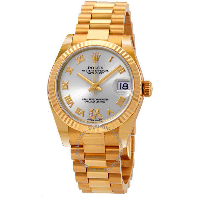 Relógio Datejust Silver Diamond Dial Automático em Ouro Amarelo 18k President 31 mm - Mercado de Luxo - O Maior E-Commerce de Bens, Produtos e Serviços de Luxo do Brasil.