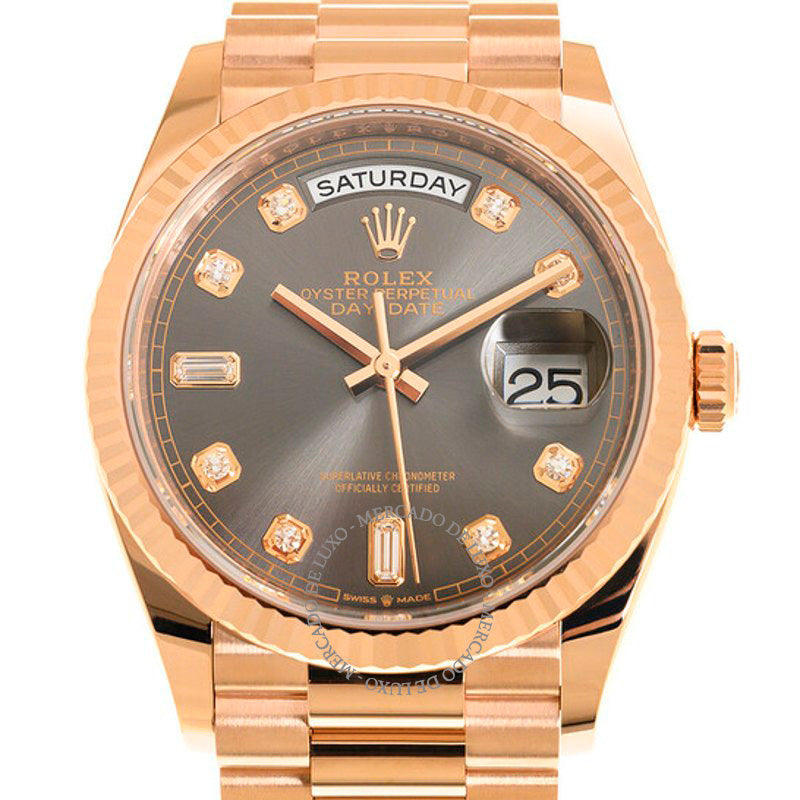 Relógio Day-Date 36 Automático Ouro Everose 18k Mostrador de Ardósia com Diamantes  - Mercado de Luxo - O Maior E-Commerce de Bens, Produtos e Serviços de Luxo do Brasil.