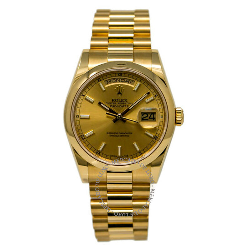 Relógio Day-Date Champagne automático em ouro amarelo 18k1 36 mm - Mercado de Luxo - O Maior E-Commerce de Bens, Produtos e Serviços de Luxo do Brasil.