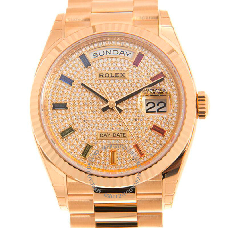 Relógio Day-Date President Ouro Amarelo Pavimentado-Arco-Íris Automático Cronômetro Diamante 36 mm - Mercado de Luxo - O Maior E-Commerce de Bens, Produtos e Serviços de Luxo do Brasil.