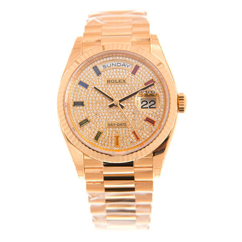 Relógio Day-Date President Ouro Amarelo Pavimentado-Arco-Íris Automático Cronômetro Diamante 36 mm - Mercado de Luxo - O Maior E-Commerce de Bens, Produtos e Serviços de Luxo do Brasil.