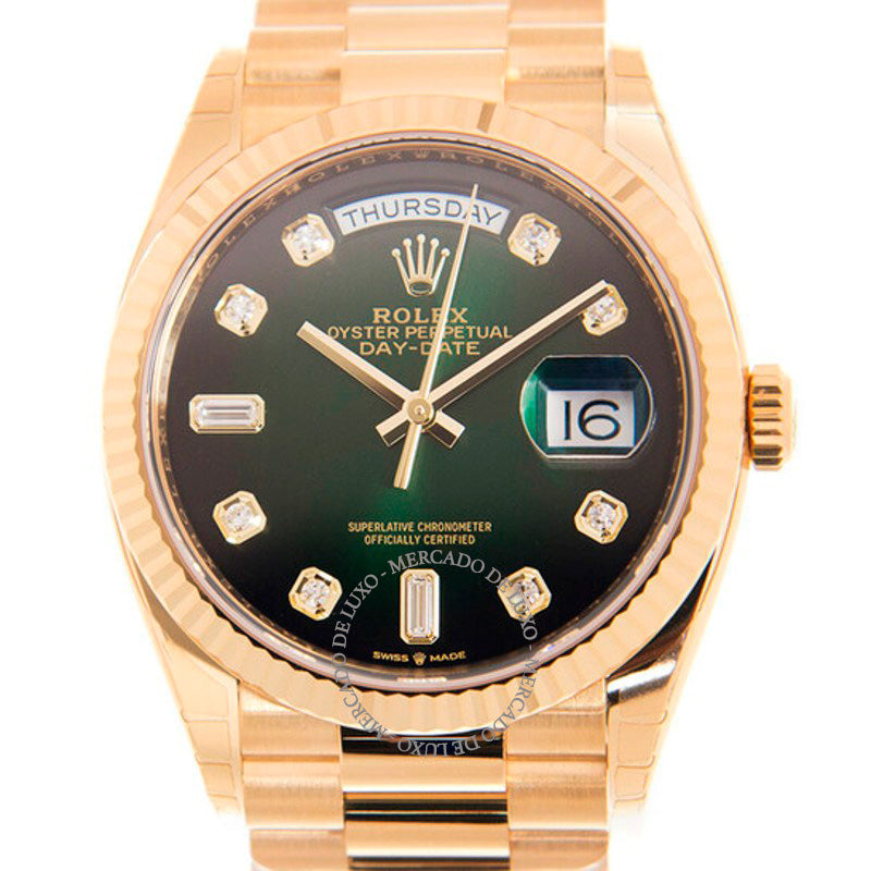 Relógio Day-Date President Cronômetro Automático Verde Ombre Diamante 36 mm - Mercado de Luxo - O Maior E-Commerce de Bens, Produtos e Serviços de Luxo do Brasil.
