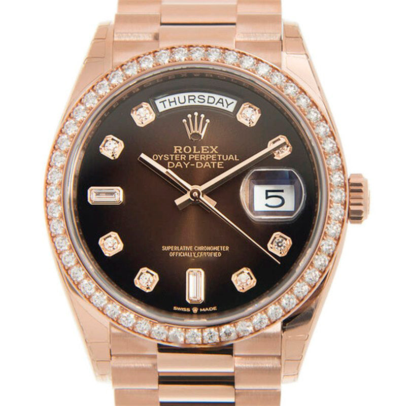 Relógio Day-Date Cronômetro Automático Mostrador Marrom Diamante 36 mm - Mercado de Luxo - O Maior E-Commerce de Bens, Produtos e Serviços de Luxo do Brasil.