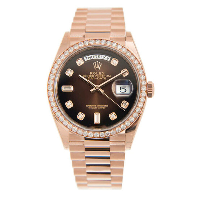 Relógio Day-Date Cronômetro Automático Mostrador Marrom Diamante 36 mm - Mercado de Luxo - O Maior E-Commerce de Bens, Produtos e Serviços de Luxo do Brasil.
