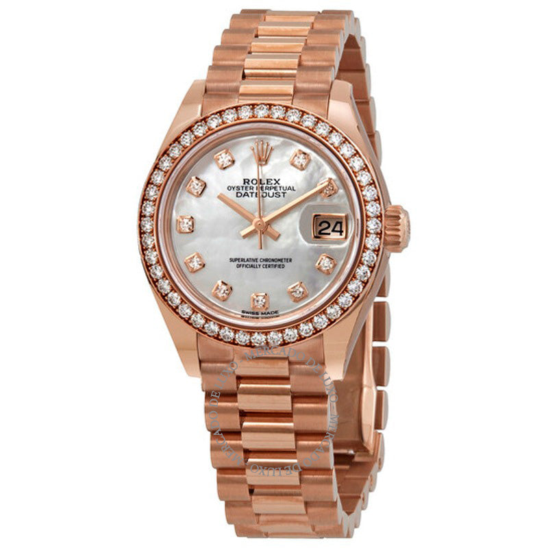 Relógio Lady-Datejust Madrepérola Mostrador de Diamante Automático Ouro Everose 18k Presidente 28 mm - Mercado de Luxo - O Maior E-Commerce de Bens, Produtos e Serviços de Luxo do Brasil.