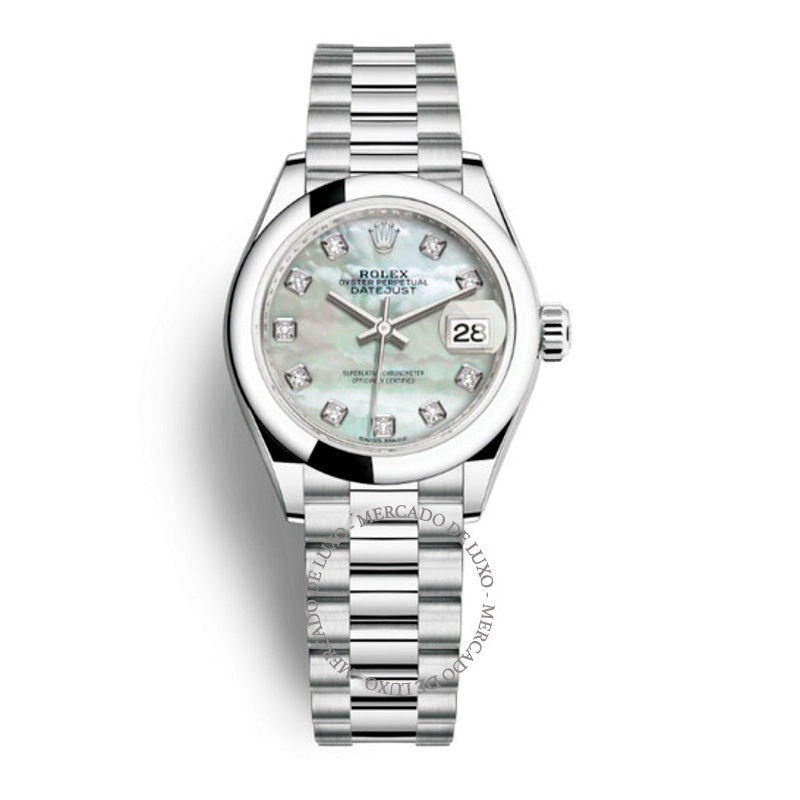 Relógio Lady-Datejust Presidente Automático em Platina com Mostrador em Madrepérola 28 mm - Mercado de Luxo - O Maior E-Commerce de Bens, Produtos e Serviços de Luxo do Brasil.