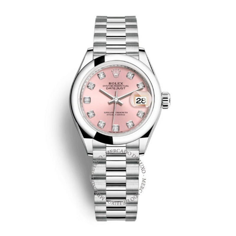 Relógio Lady-Datejust Presidente Automático em Platina com Mostrador Rosa 28 mm - Mercado de Luxo - O Maior E-Commerce de Bens, Produtos e Serviços de Luxo do Brasil.