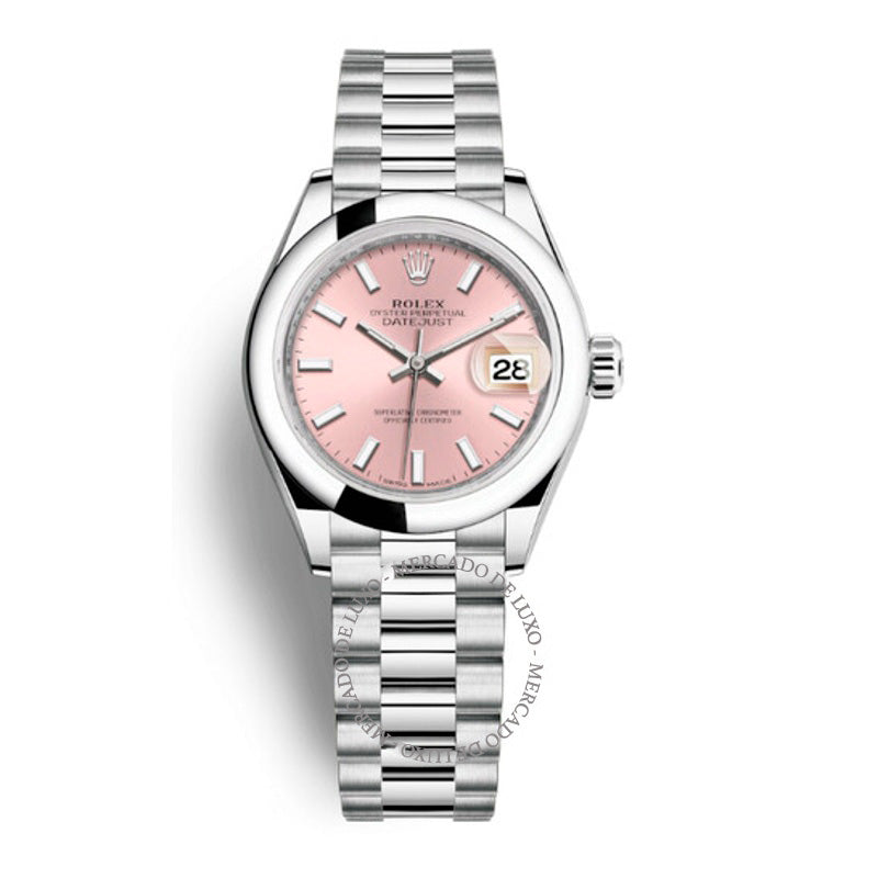 Relógio Lady-Datejust Presidente Automático em Platina com Mostrador Rosa 28 mm - Mercado de Luxo - O Maior E-Commerce de Bens, Produtos e Serviços de Luxo do Brasil.