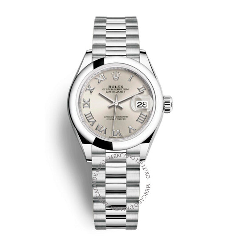 Relógio Lady-Datejust Presidente Automático em Platina com Mostrador Prateado 28 mm - Mercado de Luxo - O Maior E-Commerce de Bens, Produtos e Serviços de Luxo do Brasil.