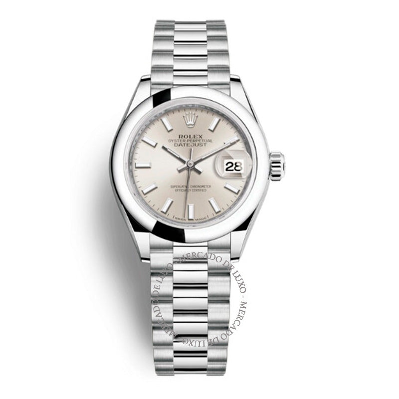 Relógio Lady-Datejust Presidente Automático em Platina com Mostrador Prateado 28 mm - Mercado de Luxo - O Maior E-Commerce de Bens, Produtos e Serviços de Luxo do Brasil.