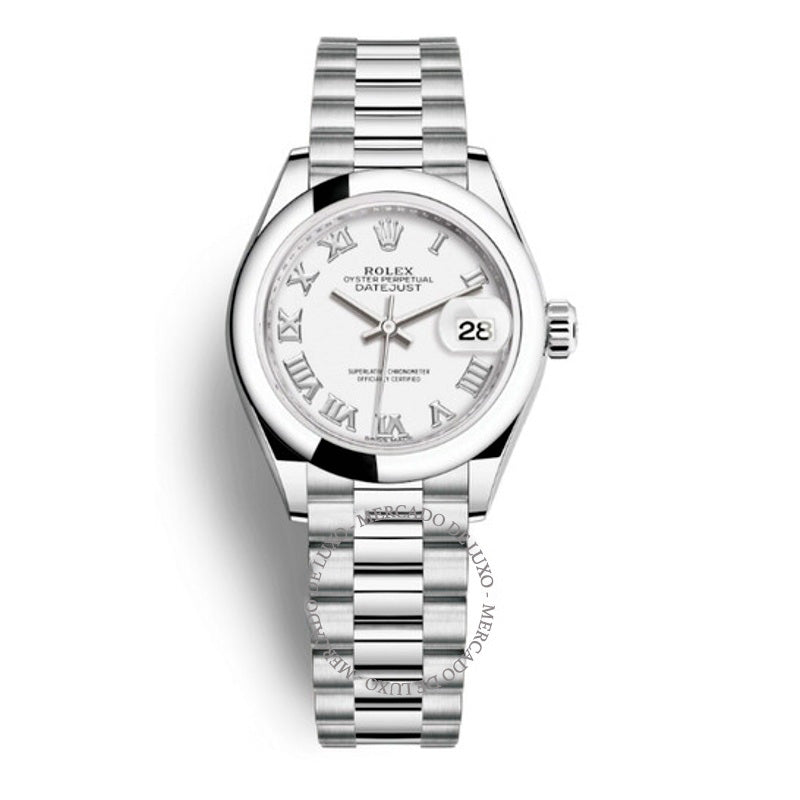 Relógio Lady-Datejust Presidente Automático em Platina com Mostrador Branco 28 mm - Mercado de Luxo - O Maior E-Commerce de Bens, Produtos e Serviços de Luxo do Brasil.