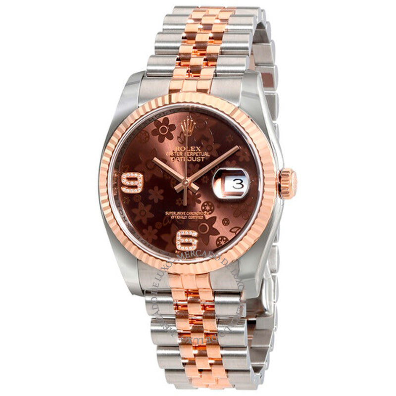 Relógio Oyster Perpetual Datejust Chocolate Floral Dial Automático em Aço Inoxidável e Ouro Everose 18k 36 mm - Mercado de Luxo - O Maior E-Commerce de Bens, Produtos e Serviços de Luxo do Brasil.