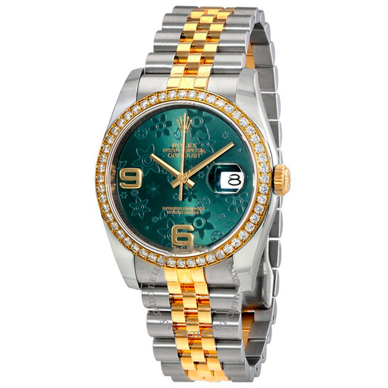 Relógio Oyster Perpetual Datejust 36 Mostrador Floral Verde Aço Inoxidável e Pulseira Jubilee em Ouro Amarelo 18K Automático 36 mm - Mercado de Luxo - O Maior E-Commerce de Bens, Produtos e Serviços de Luxo do Brasil.