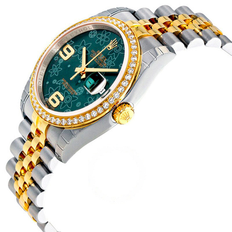 Relógio Oyster Perpetual Datejust 36 Mostrador Floral Verde Aço Inoxidável e Pulseira Jubilee em Ouro Amarelo 18K Automático 36 mm - Mercado de Luxo - O Maior E-Commerce de Bens, Produtos e Serviços de Luxo do Brasil.
