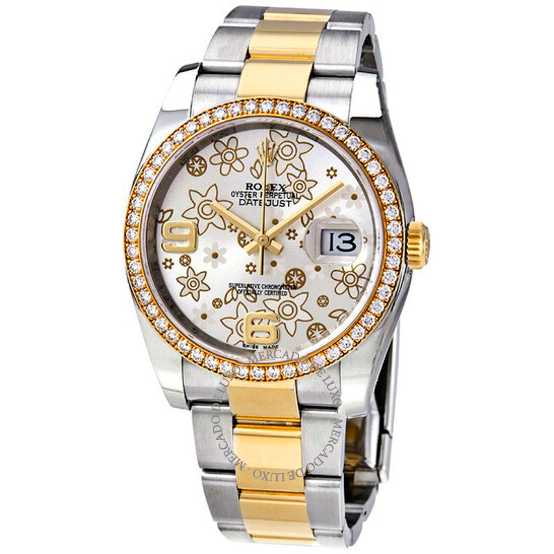 Relógio Oyster Perpetual Datejust 36 Mostrador Floral Prateado Aço Inoxidável e Pulseira em Ouro Amarelo 18K Automático 36 mm - Mercado de Luxo - O Maior E-Commerce de Bens, Produtos e Serviços de Luxo do Brasil.