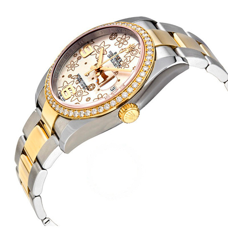 Relógio Oyster Perpetual Datejust 36 Mostrador Floral Prateado Aço Inoxidável e Pulseira em Ouro Amarelo 18K Automático 36 mm - Mercado de Luxo - O Maior E-Commerce de Bens, Produtos e Serviços de Luxo do Brasil.