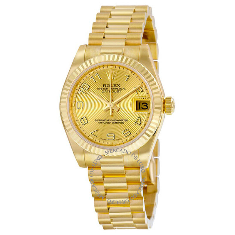 Relógio Lady-Datejust 31 Champagne Mostrador Círculo Concêntrico Ouro Amarelo 18K Presidente Automático 31 mm - Mercado de Luxo - O Maior E-Commerce de Bens, Produtos e Serviços de Luxo do Brasil.