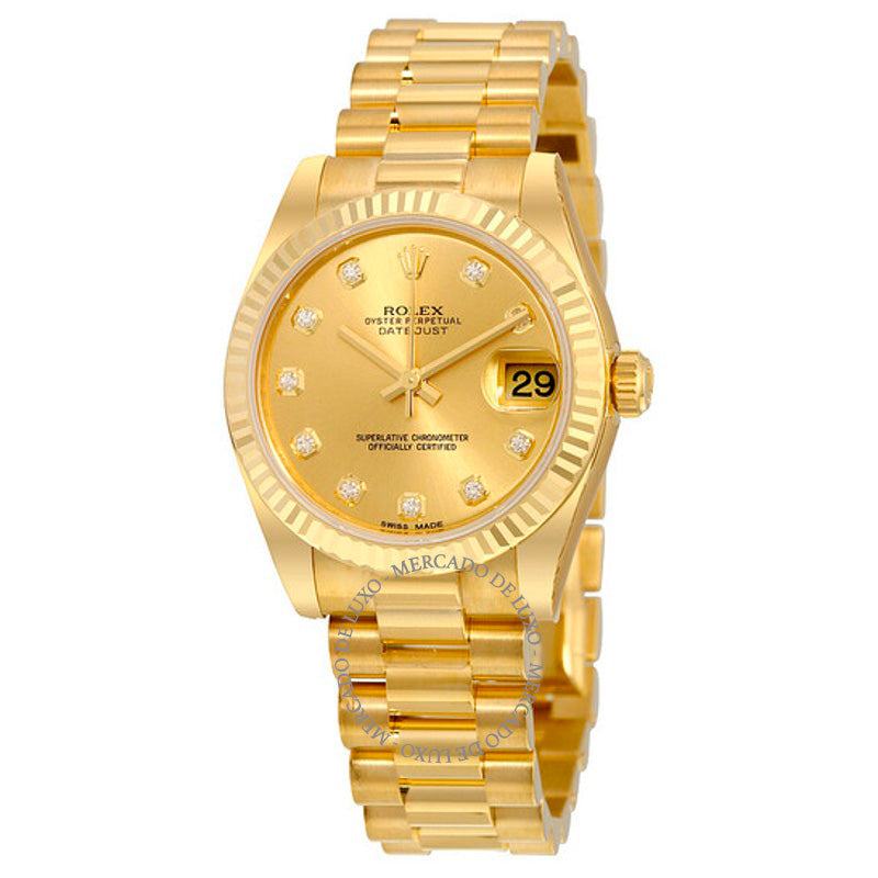 Relógio Lady-Datejust 31 Mostrador Champagne Ouro Amarelo 18K Presidente Automático 31 mm - Mercado de Luxo - O Maior E-Commerce de Bens, Produtos e Serviços de Luxo do Brasil.
