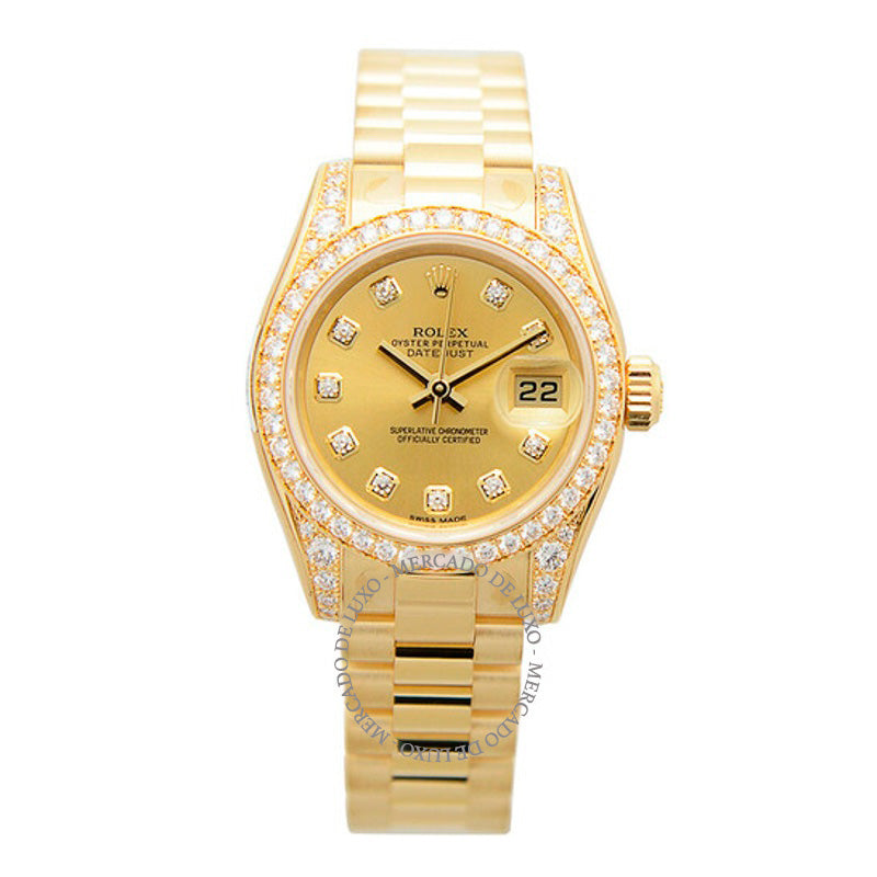 Relógio Lady-Datejust 26 Mostrador Champagne Ouro Amarelo 18K Presidente Automático 26 mm - Mercado de Luxo - O Maior E-Commerce de Bens, Produtos e Serviços de Luxo do Brasil.