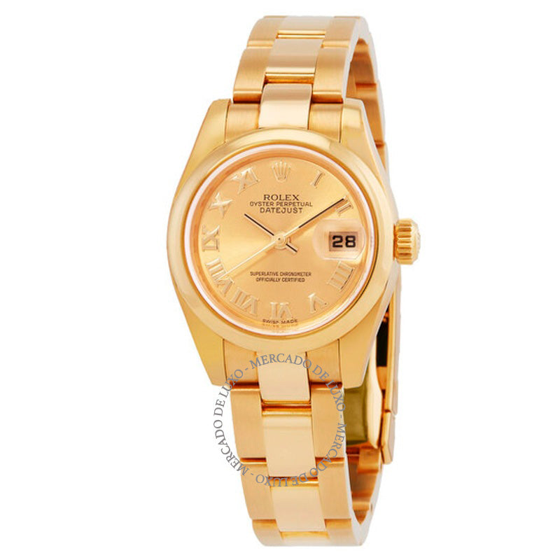 Relógio Lady Datejust Champagne com mostrador romano e moldura abobadada caixa em ouro amarelo 18k e pulseira Oyster 26 mm - Mercado de Luxo - O Maior E-Commerce de Bens, Produtos e Serviços de Luxo do Brasil.