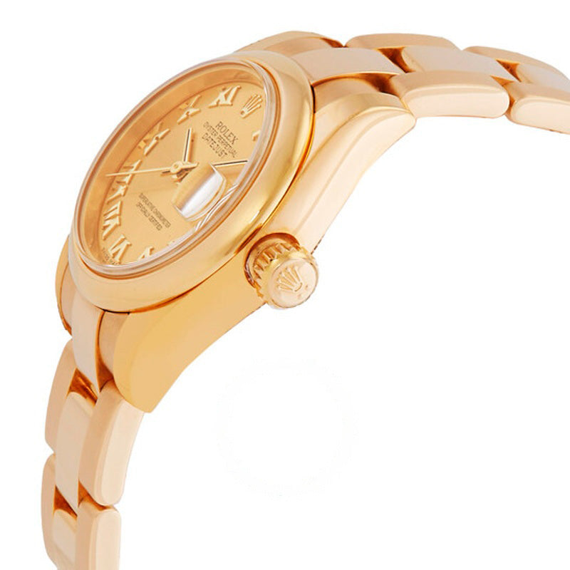 Relógio Lady Datejust Champagne com mostrador romano e moldura abobadada caixa em ouro amarelo 18k e pulseira Oyster 26 mm - Mercado de Luxo - O Maior E-Commerce de Bens, Produtos e Serviços de Luxo do Brasil.